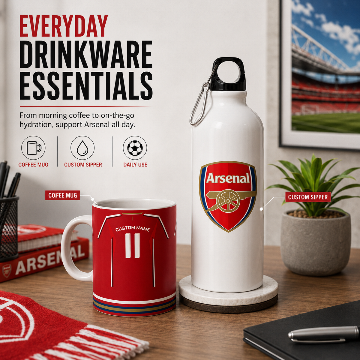 Arsenal-branded drinkware set on a desk, including a red custom mug and a white insulated water bottle with a black cap and carabiner, shown with promotional text and stadium imagery in the background.