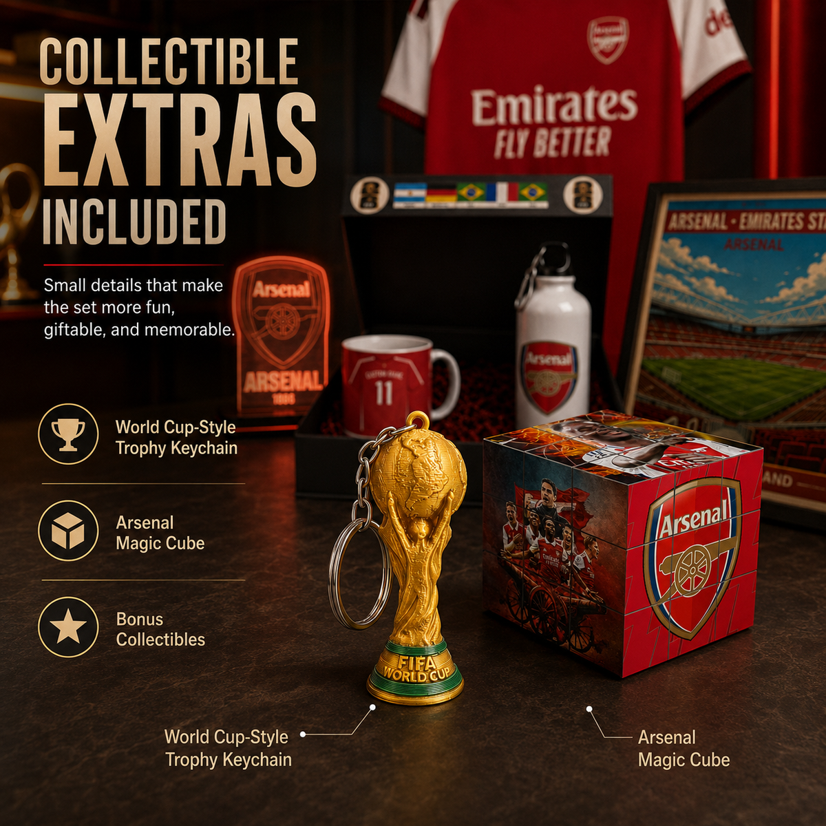 Arsenal collectible extras set on a dark tabletop, featuring a gold FIFA World Cup trophy keychain, a red Arsenal Magic Cube, a Arsenal-branded mug, a white Arsenal water bottle, and a framed poster, with promotional text highlighting included extras.