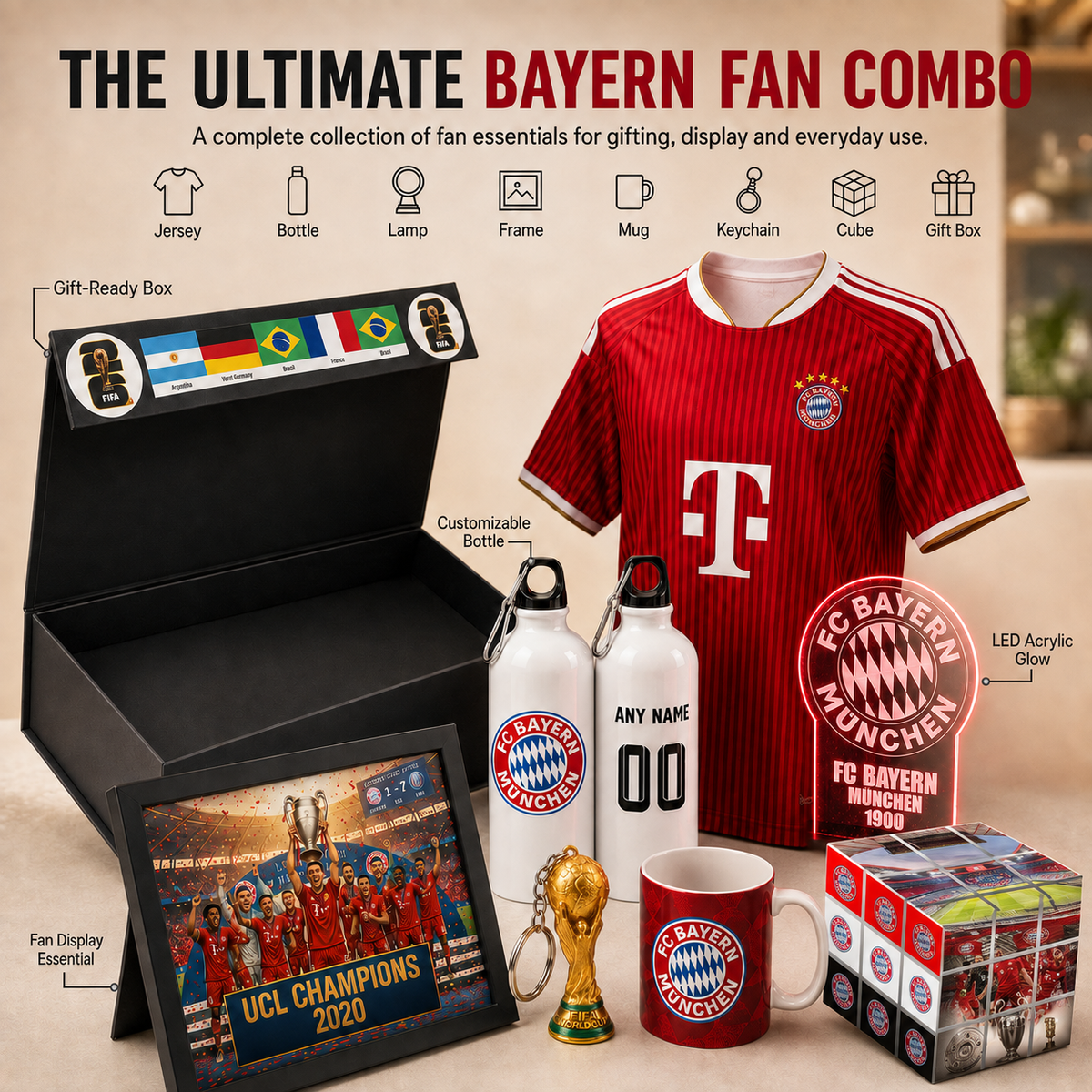 A Bayern Munich-themed gift set display labeled 'THE ULTIMATE BAYERN FAN COMBO' on a light beige surface. The set includes a red striped FC Bayern jersey, a black gift-ready box with team flags, two white customizable water bottles, a red mug, a framed Champions League trophy print, a small gold replica trophy, a pink LED sign, and a cube of stickers.