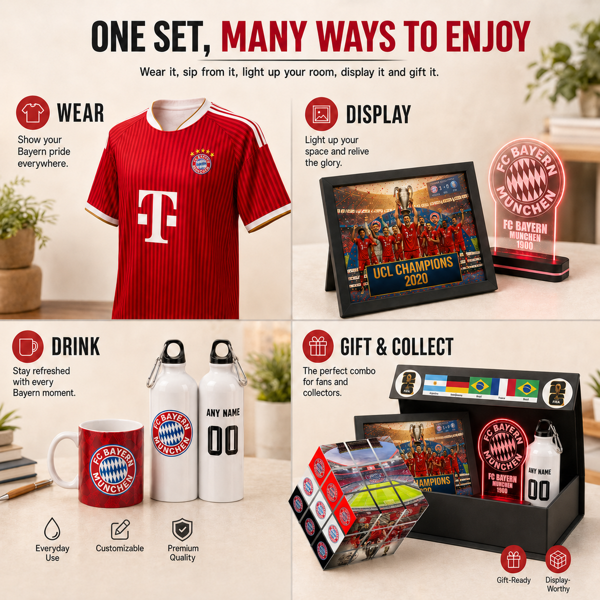 A promotional collage for a Bayern Munich-themed gift set on a light beige tabletop. The set includes a red striped soccer jersey, a framed Champions League trophy display, a glowing neon sign, two customizable water bottles, a red mug, and a gift box with match photos and a small bottle.
