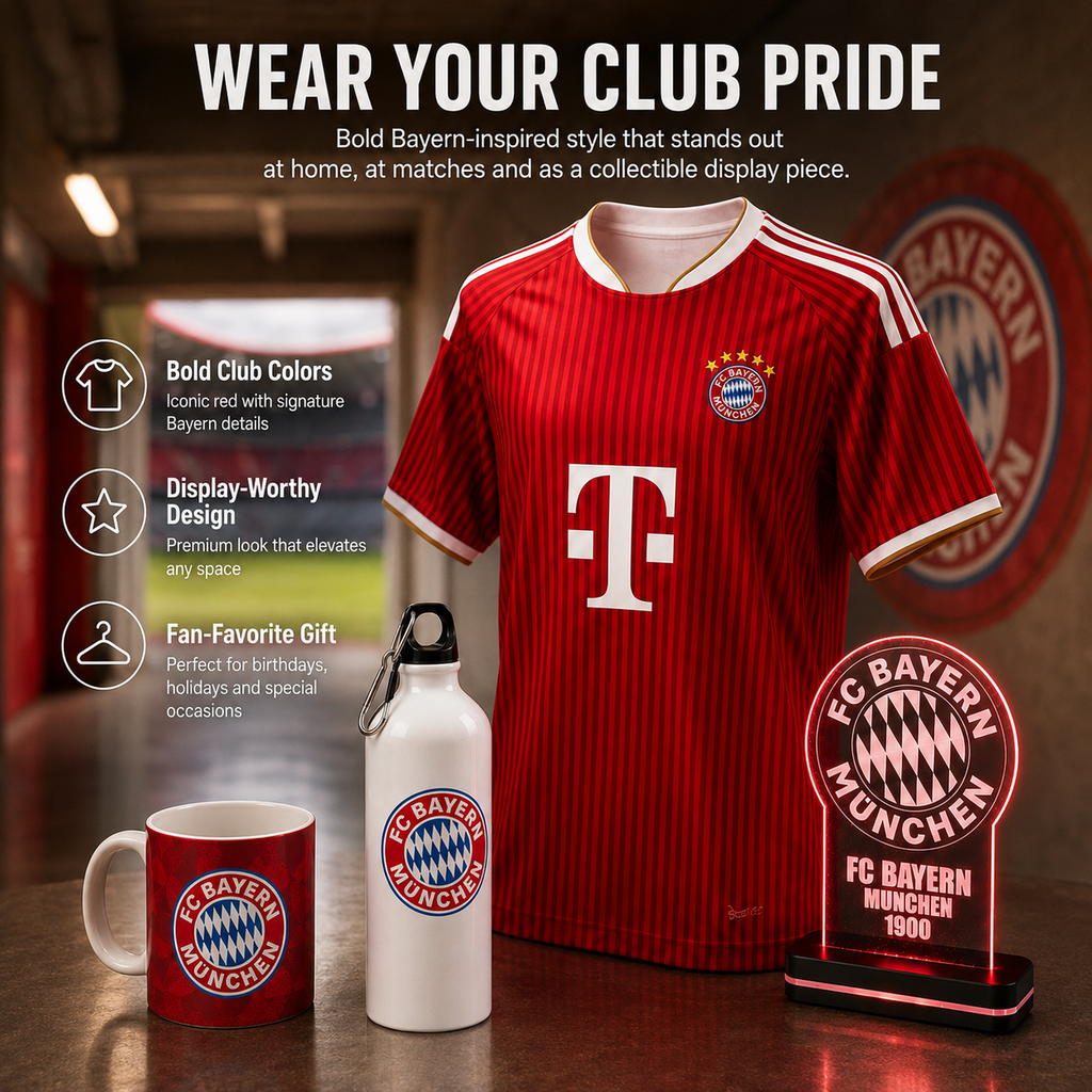 A red and white striped Bayern Munich soccer jersey is displayed on a shelf in a store setting, with a red mug, white water bottle, and illuminated FC Bayern Munich sign in front. Text on the left highlights bold club colors, display-worthy design, and fan favorite gift.