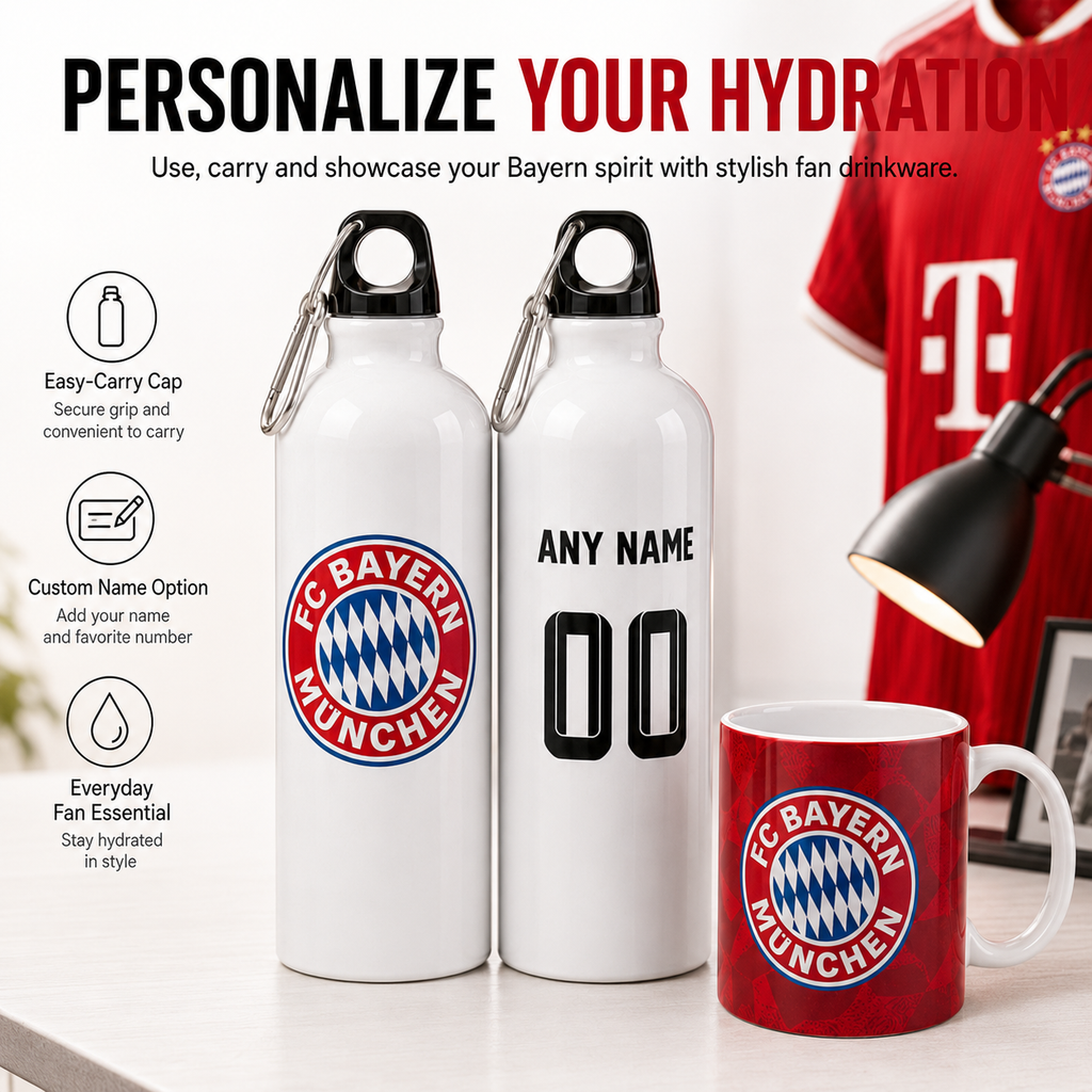 Personalized white water bottles and a red mug with FC Bayern Munich branding, shown on a tabletop with promotional text and icons about easy carry, customization, and everyday use.