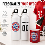 Personalized white water bottles and a red mug with FC Bayern Munich branding, shown on a tabletop with promotional text and icons about easy carry, customization, and everyday use.