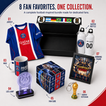 A Paris Saint-Germain fan bundle set featuring a red and blue jersey, a Paris Saint-Germain branded mug, LED lamp, fan cube, water bottles, trophy keychain, and framed print, arranged on a white background with red and blue graphic accents.