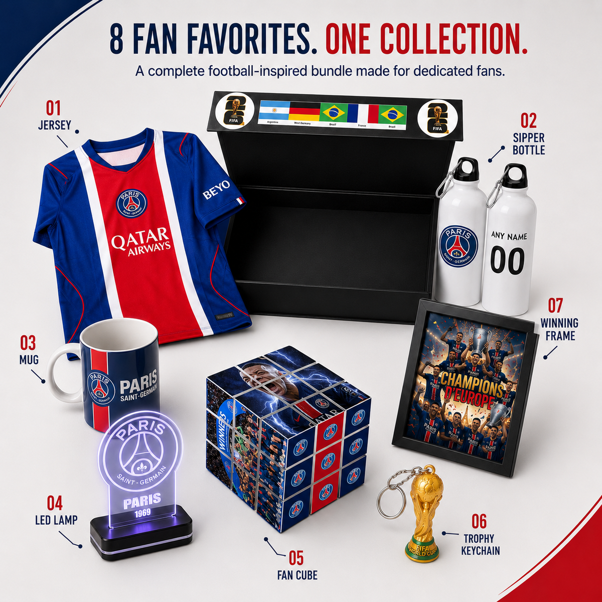 A Paris Saint-Germain fan bundle set featuring a red and blue jersey, a Paris Saint-Germain branded mug, LED lamp, fan cube, water bottles, trophy keychain, and framed print, arranged on a white background with red and blue graphic accents.