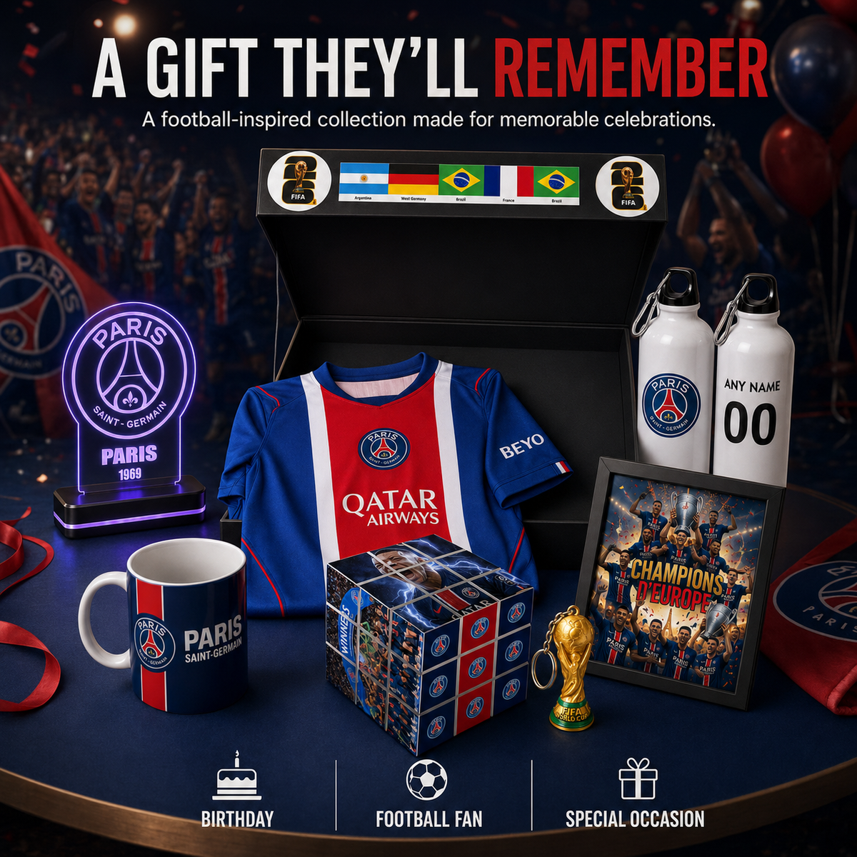 A football-themed gift set displayed on a dark table with a Paris Saint-Germain jersey, mugs, water bottles, a framed poster, a small trophy, and a gift box, under the headline 'A GIFT THEY’LL REMEMBER'.