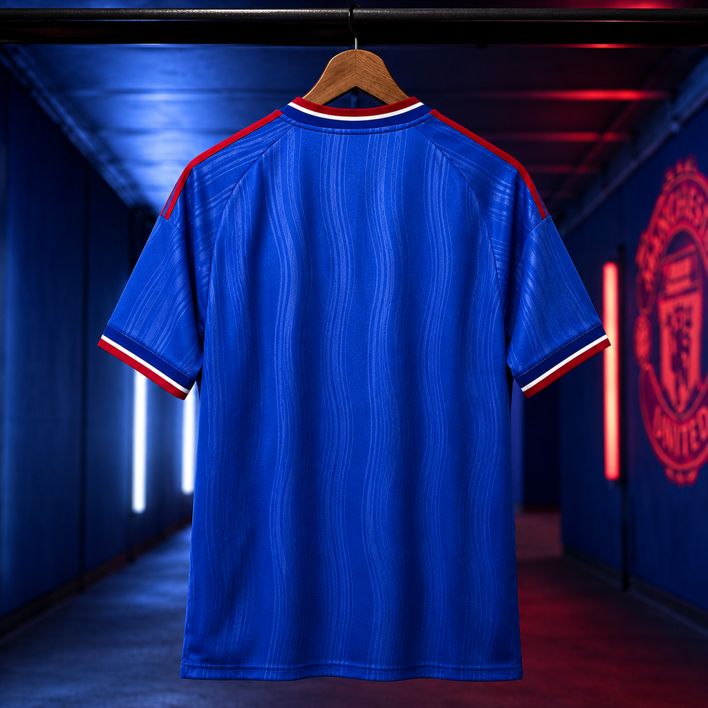 A royal blue short-sleeve soccer jersey with red and white trim on the collar and cuffs, hanging on a wooden hanger in a dark blue corridor with red and white neon lights and a Manchester United crest visible on the wall.