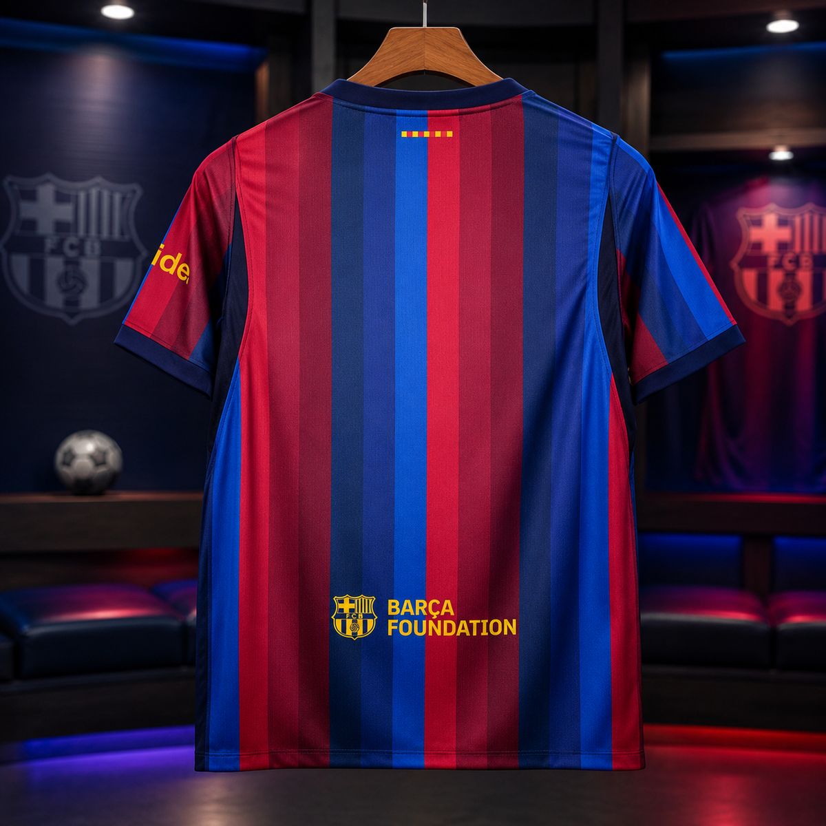FC Barcelona home soccer jersey shown from the back, featuring vertical red and blue stripes with yellow 'BARCA FOUNDATION' text and crest details, hanging on a wooden hanger in a dimly lit locker room setting.