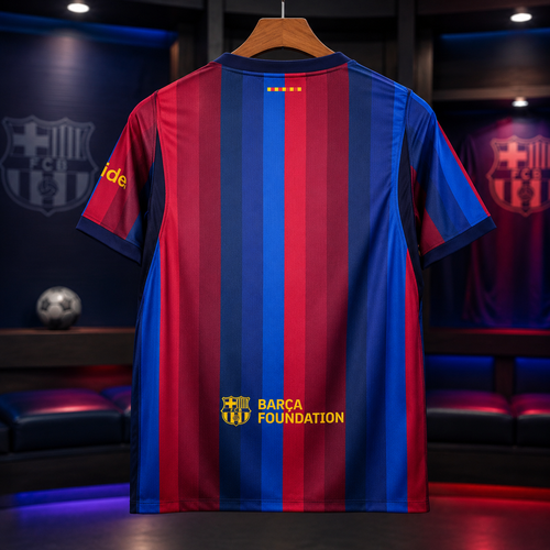 FC Barcelona home soccer jersey shown from the back, featuring vertical red and blue stripes with yellow 'BARCA FOUNDATION' text and crest details, hanging on a wooden hanger in a dimly lit locker room setting.