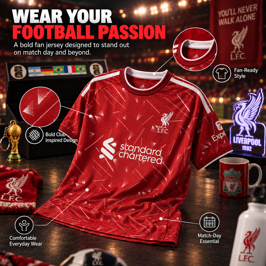 A red Liverpool FC football jersey is displayed on a wooden table with multiple callout graphics highlighting design features. The jersey has white shoulder stripes, a white 'standard chartered' sponsor logo on the chest, and a white 'LFC' crest on the right chest.