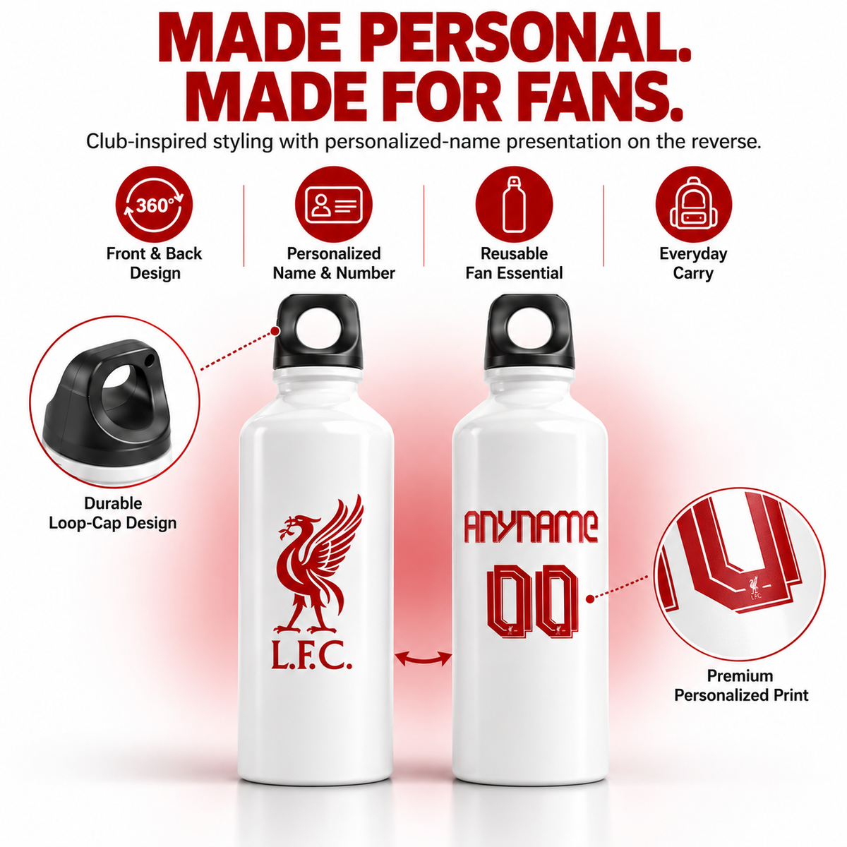 Personalized white aluminum water bottles with red graphics, shown on a white background with feature callouts and text. The left bottle shows the Liverpool F.
