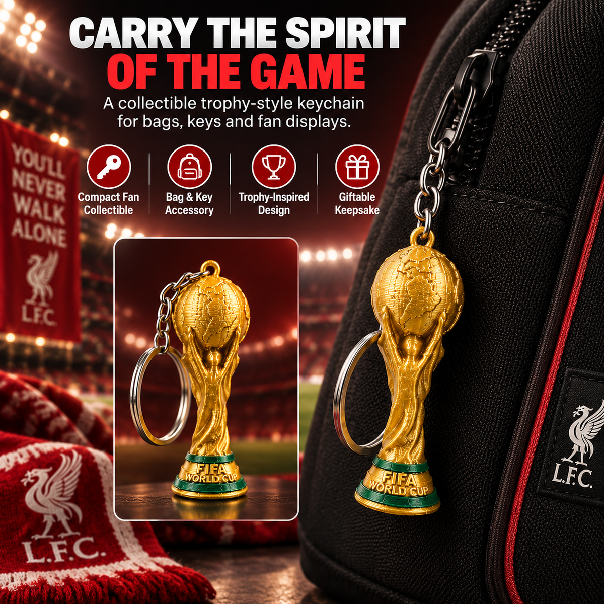 A gold FIFA World Cup trophy keychain shown attached to a black bag, with a smaller inset of the keychain alone. The scene includes Liverpool FC branding and stadium lighting, plus marketing text about carrying the spirit of the game and key features.