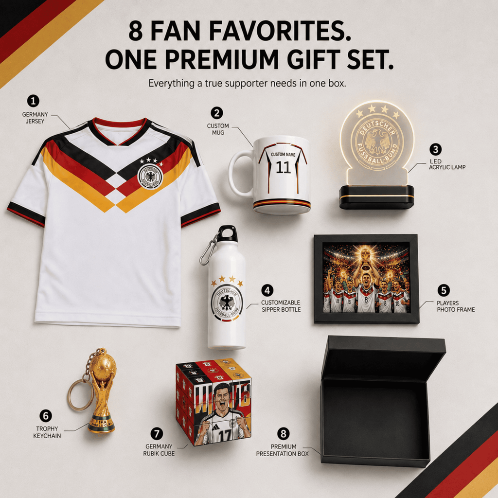 A promotional collage showing a Germany football-themed gift set with eight fan favorites arranged on a light background: a white Germany jersey, a custom mug, LED lamp, trophy keychain, water bottle, framed photo print, custom mug, fire urn box, and a black presentation box. Text at the top reads '8 FAN FAVORITES.