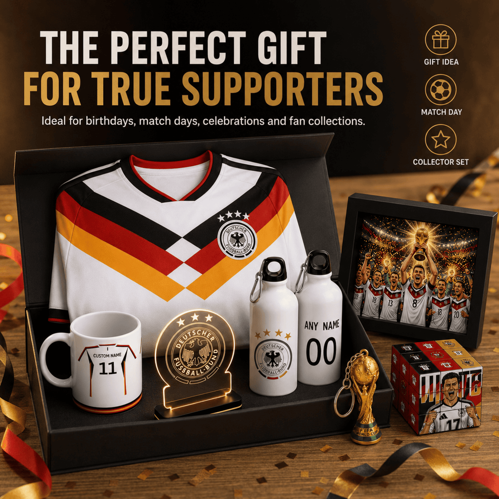 A Germany soccer-themed collector gift set displayed in an open black box on a wooden surface. The set includes a white jersey with black and gold trim, a white mug with the number 11, a gold trophy replica, two white bottles, a framed photo, and a small box.
