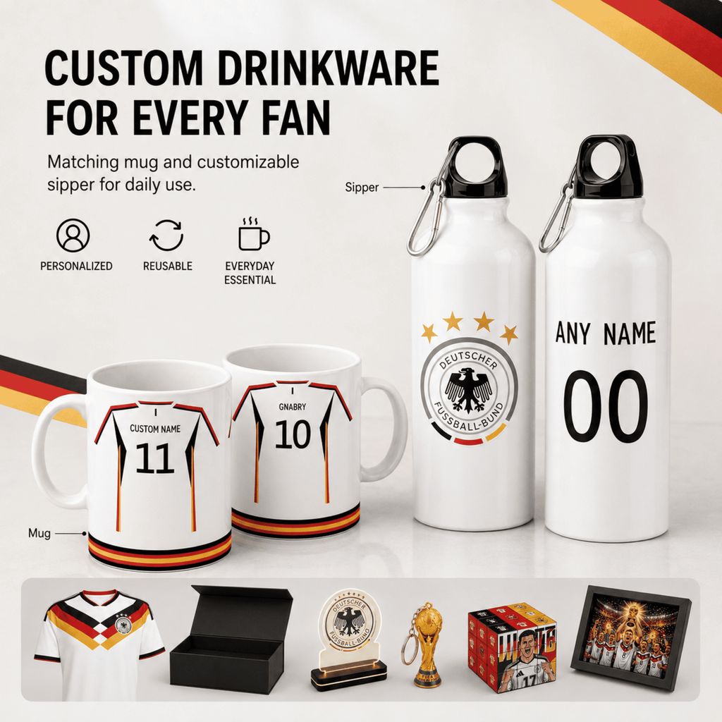 Customizable white German football-themed drinkware set including mugs, water bottles, a jersey print, trophy, box, and framed photo, with text reading 'CUSTOM DRINKWARE FOR EVERY FAN' on a light background.