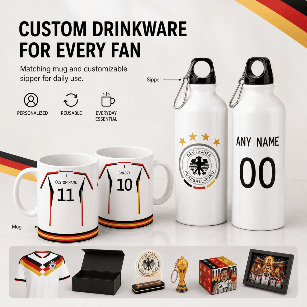 Customizable white German football-themed drinkware set including mugs, water bottles, a jersey print, trophy, box, and framed photo, with text reading 'CUSTOM DRINKWARE FOR EVERY FAN' on a light background.