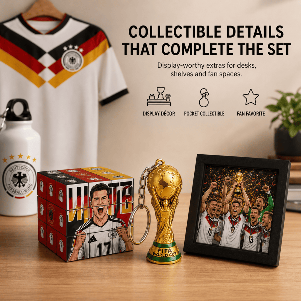 A FIFA World Cup Germany collectible set displayed on a wooden table, including a small gold FIFA World Cup trophy keychain, a framed photo of players celebrating with the trophy, a red and black patterned box, and a white Germany soccer jersey hanging in the background. Text on the image highlights collectible details of the set.