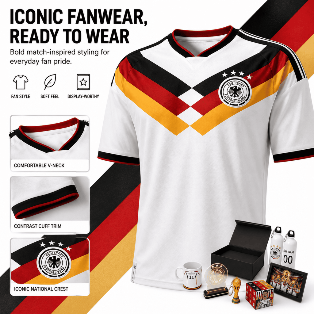 White Germany national team soccer jersey with black and red diagonal stripes and a black, red, and gold chevron pattern across the chest. The jersey features the German Football Association crest on the left chest.