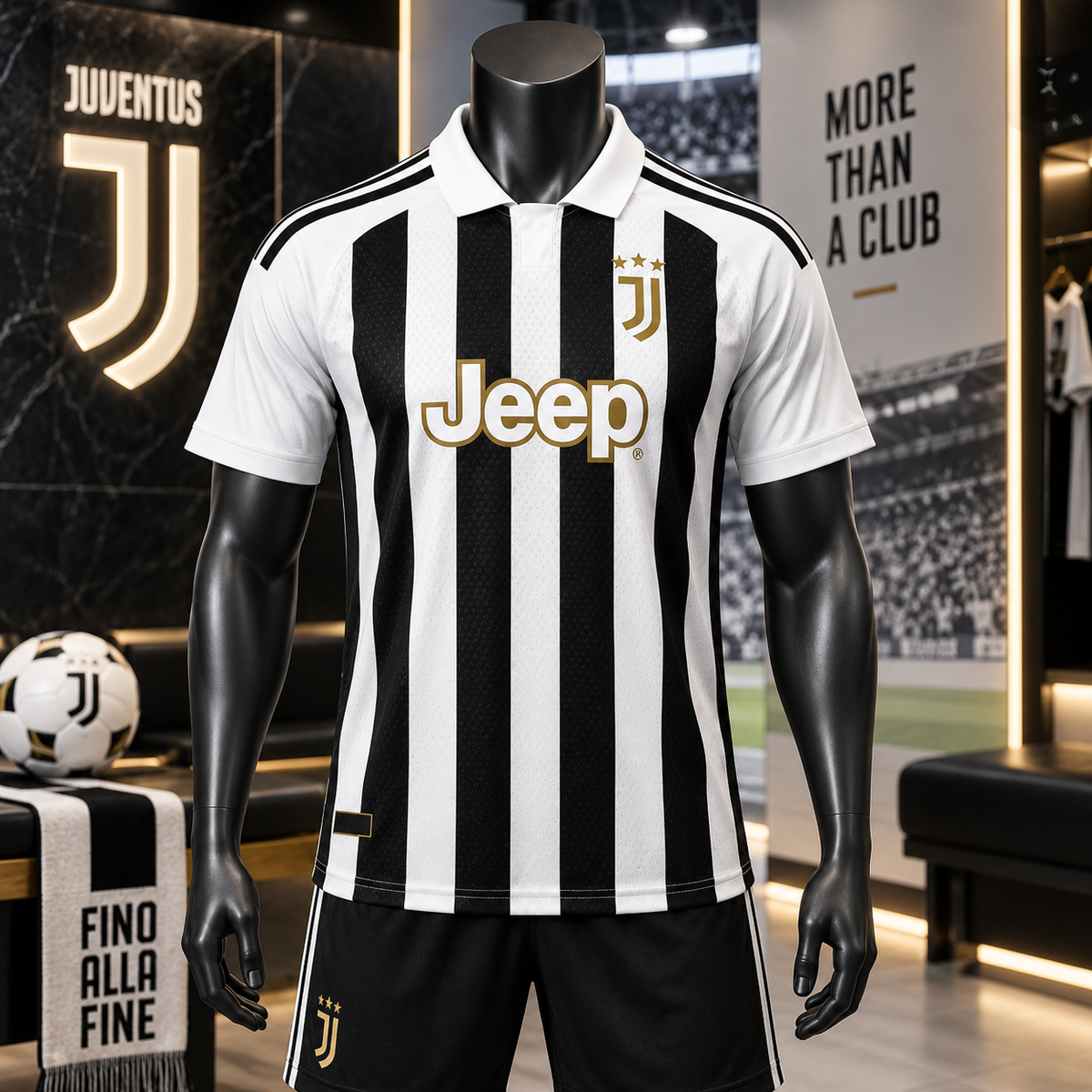 A black and white striped Juventus soccer jersey with a gold Jeep logo is displayed on a black mannequin in a themed retail setting. The mannequin is also wearing black shorts, and the background features Juventus branding, a soccer ball, and a scarf.