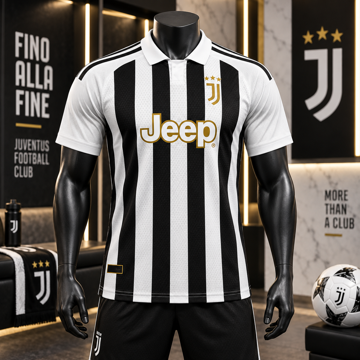 A black and white vertically striped Juventus football jersey displayed on a black mannequin torso, with the Jeep sponsor logo across the chest and Juventus branding visible on the shorts and background decor.