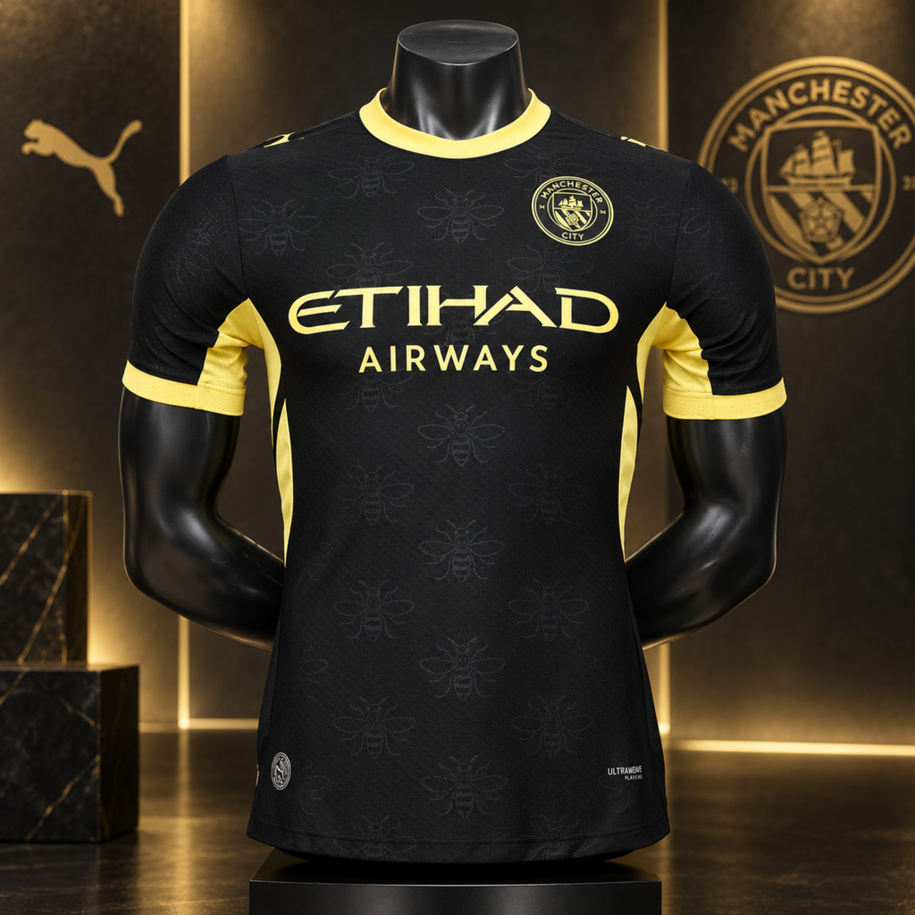 Black Manchester City home soccer jersey with yellow accents, displayed on a black mannequin. The jersey features the Etihad Airways sponsor logo on the chest, the Manchester City crest, and a subtle bee pattern across the fabric.