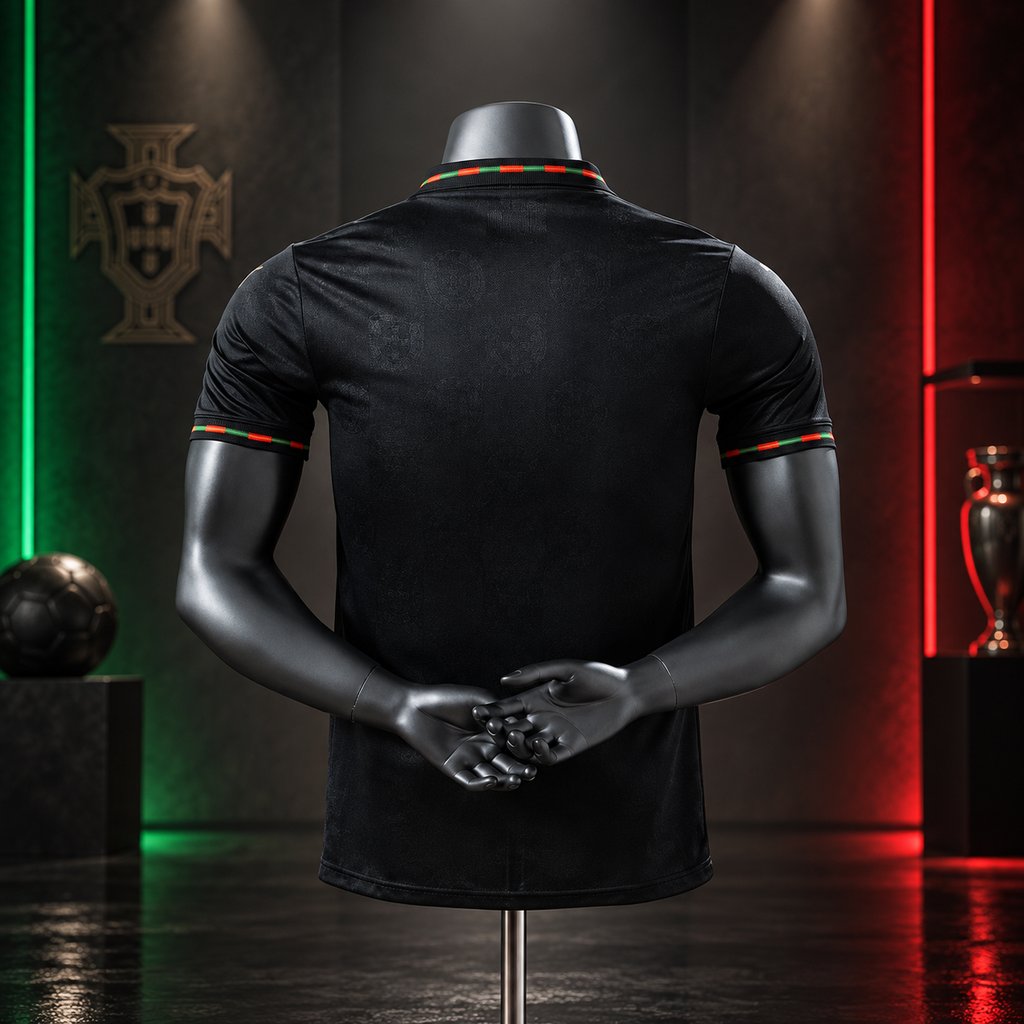 Black short-sleeve polo shirt shown from the back on a dark mannequin, with red and green striped collar and sleeve trim. The shirt is photographed in a dramatic studio setting with green and red lighting, a Portugal crest on the wall, and sports trophies in the background.