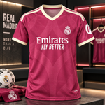 A Real Madrid home soccer jersey in magenta with cream trim, featuring the white Emirates Fly Better sponsor logo and the club crest, displayed on a dark counter in a retail or showroom setting.