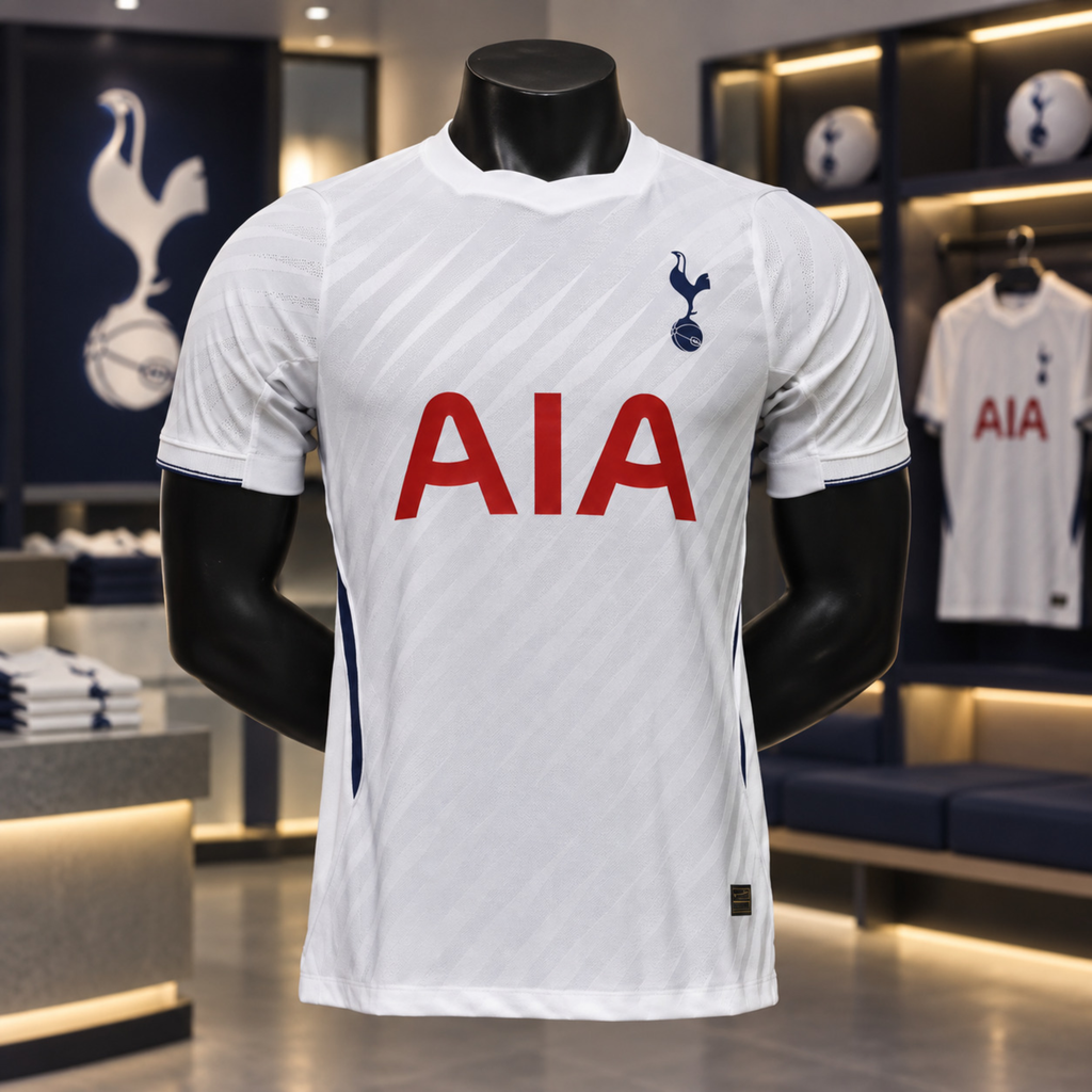 A white Tottenham Hotspur soccer jersey with a large red AIA logo on the chest and a navy club crest, displayed on a black mannequin torso inside a retail store.