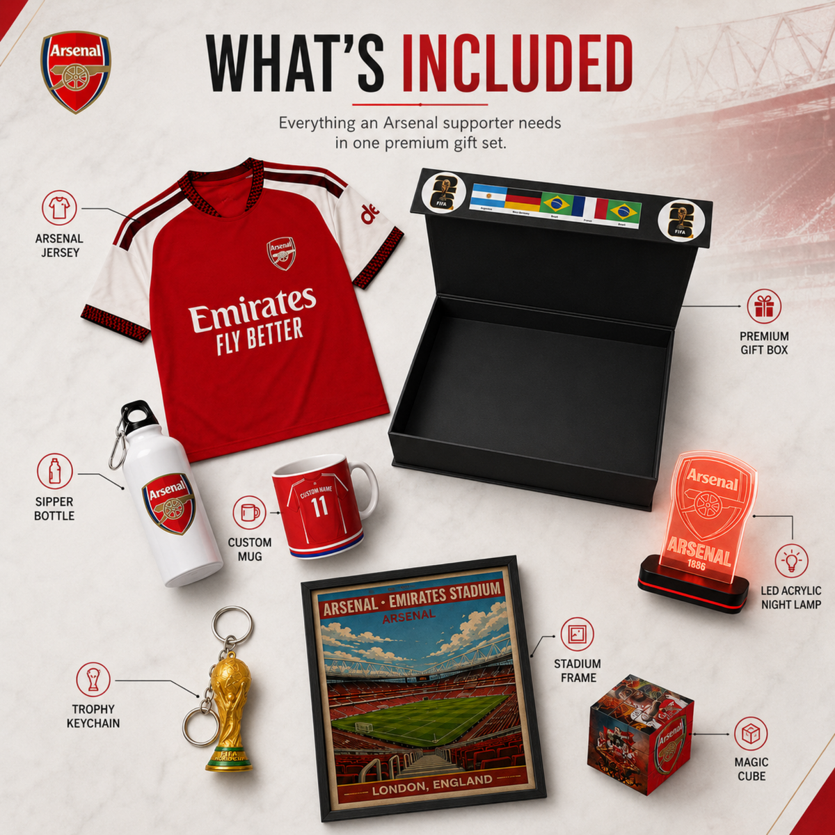 Arsenal supporter gift set infographic showing included items: a red Arsenal jersey, premium gift box, mug, bottle, keychain, framed print, LED lamp, and magic cube on a light background with Arsenal branding.