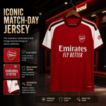 An Arsenal football jersey displayed on a hanger in a dark retail-style setting, with promotional text and feature callouts on the left. The jersey is predominantly red with white sleeves and collar trim, plus small black trim details.