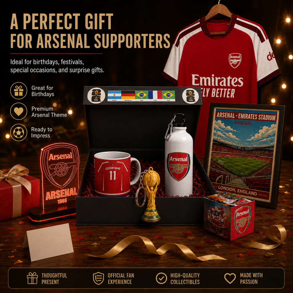 Arsenal-themed gift set arranged on a wooden surface with a black presentation box, red and white football shirt, mug, bottle, framed stadium print, LED light, small trophy, and box, plus promotional text on a dark background.