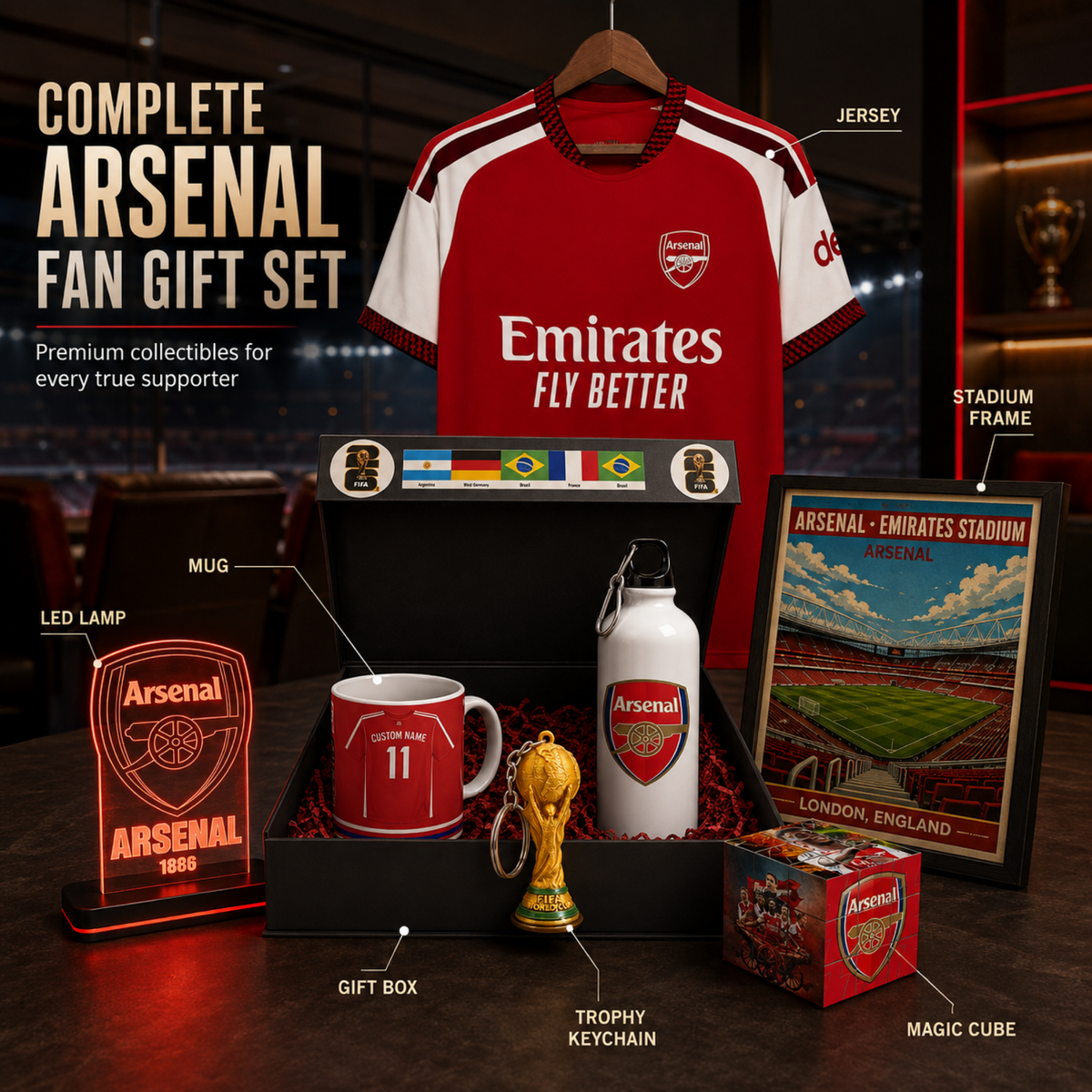 Arsenal fan gift set displayed on a dark table with a red Arsenal jersey hanging above, including a gift box, mug, water bottle, LED lamp, trophy keychain, framed stadium print, and magic cube, with text labels pointing to each item.