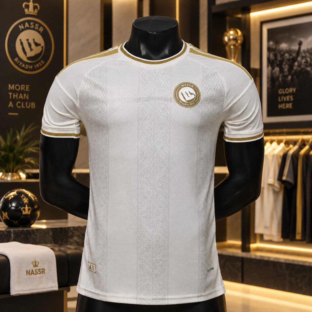 A white short-sleeve soccer jersey with gold trim and a circular Nassr crest on the chest, displayed on a black mannequin torso inside a retail store.