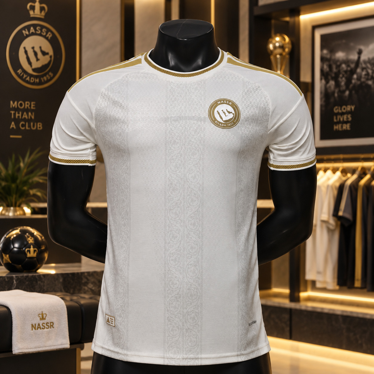 A white short-sleeve soccer jersey with gold trim and a circular Nassr crest on the chest, displayed on a black mannequin torso inside a retail store.