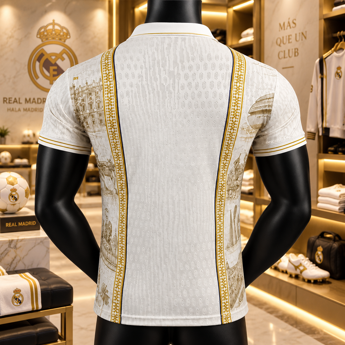 A white Real Madrid soccer jersey with gold architectural patterns and trim, displayed on a black mannequin in a luxury retail store.