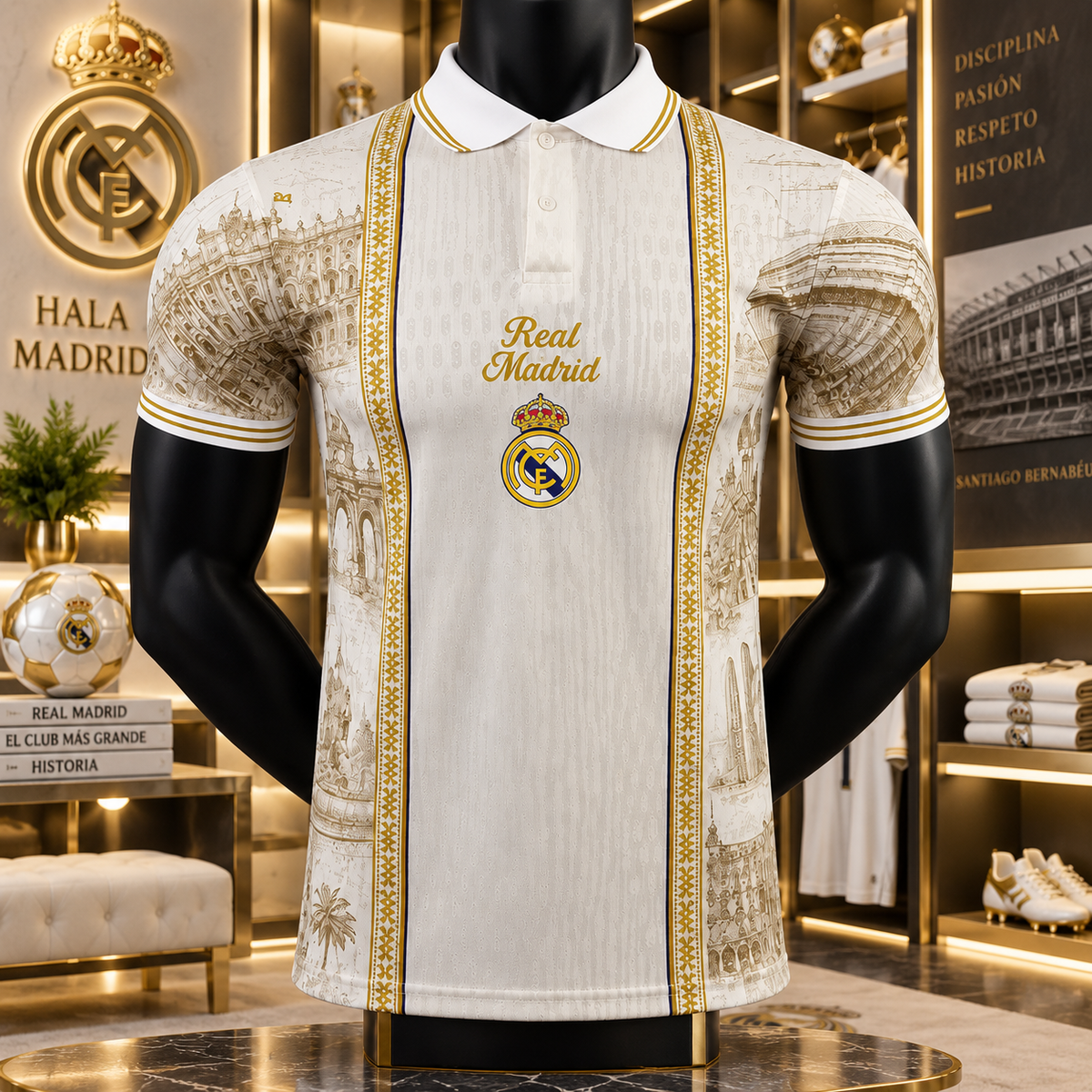 A Real Madrid short-sleeve polo shirt displayed on a black mannequin torso inside a luxury retail store. The shirt features a white base with gold architectural illustrations, gold vertical trim, and the Real Madrid crest on the chest.