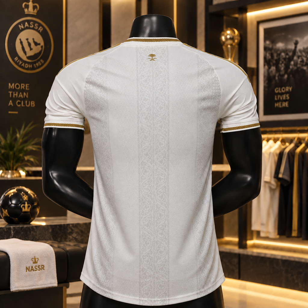 White short-sleeve athletic jersey shown from the back on a black mannequin torso in a retail store setting. The jersey has subtle vertical tonal patterning, gold trim along the collar and sleeve cuffs, and a small gold chest logo.