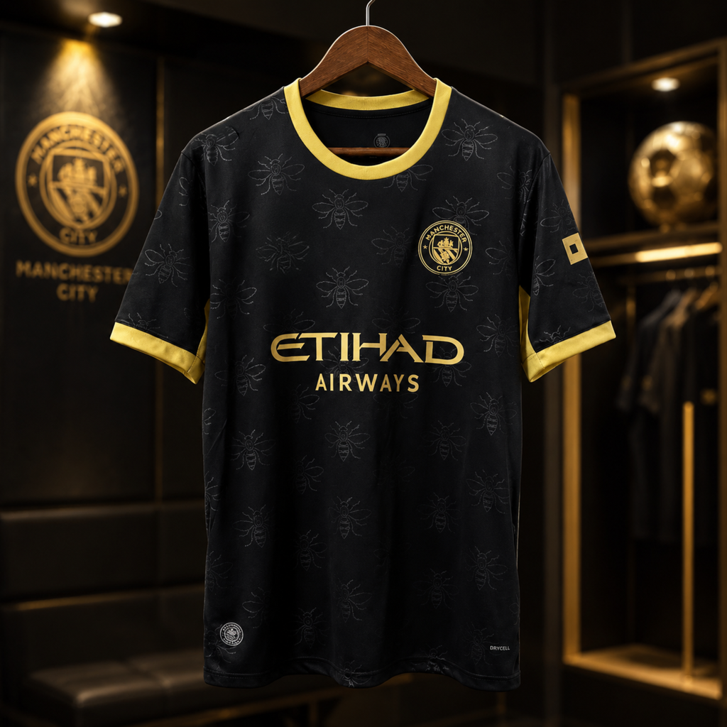 A black Manchester City home soccer jersey with gold trim and gold logos, hanging on a wooden hanger in a premium retail display.