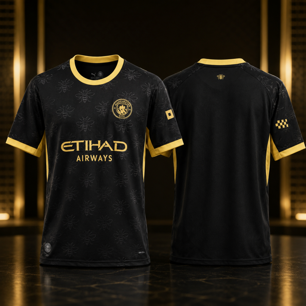 Front and back views of a black Manchester City soccer jersey with gold accents, featuring the Etihad Airways sponsor logo and club crest, displayed on a dark reflective surface.