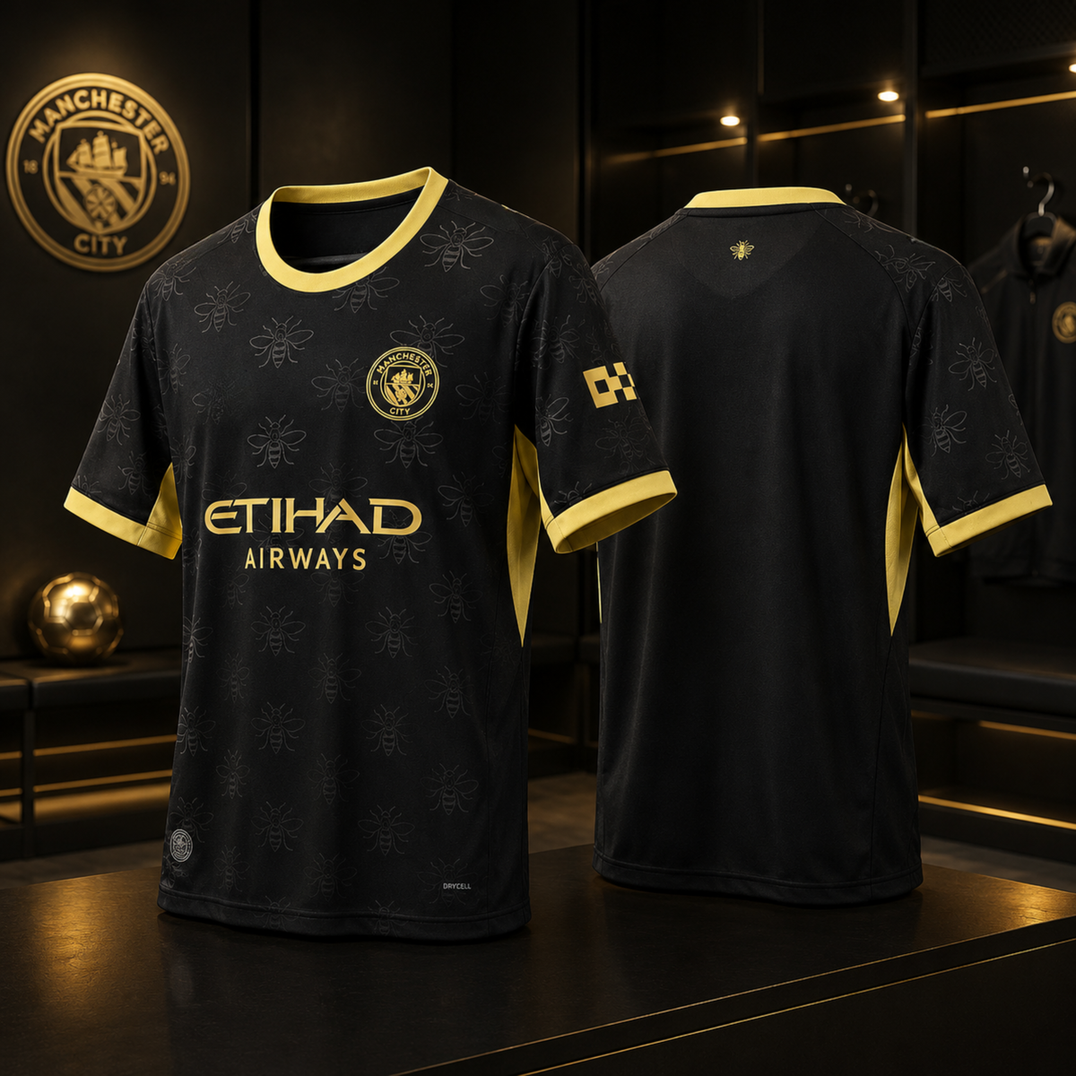 Manchester City football jerseys shown from the front and back on a dark display stand, with gold trim, a black body, and Etihad Airways sponsor text. The Manchester City crest is visible on the chest and wall.
