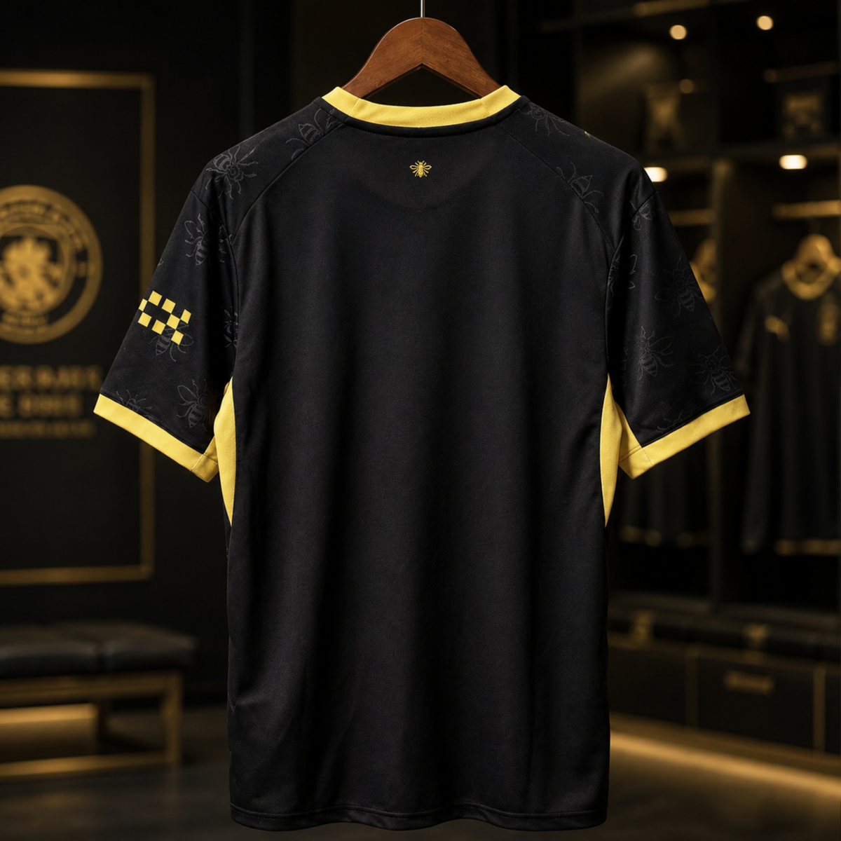 Black short-sleeve athletic jersey with yellow trim and subtle tonal patterned detailing, hanging on a wooden hanger in a dark retail interior.