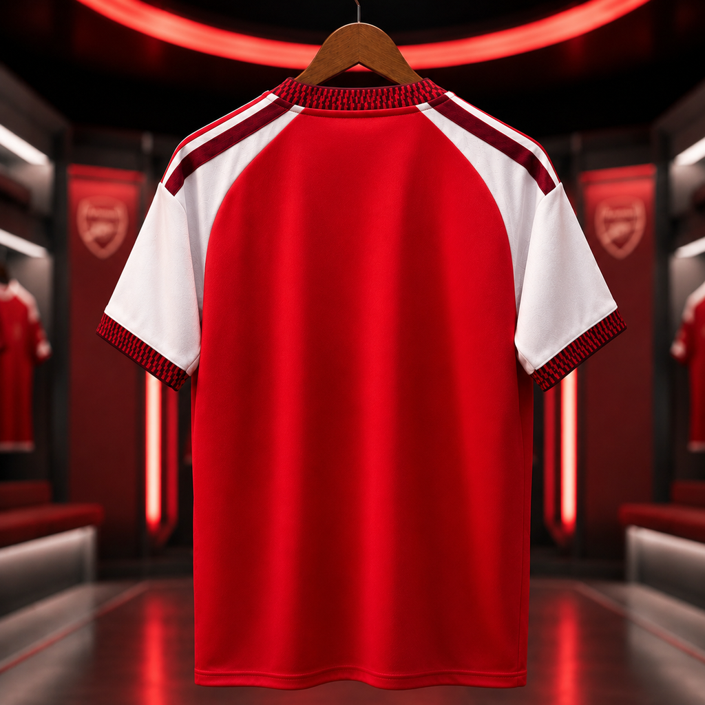 A red and white short-sleeve sports jersey with dark red trim, hanging on a wooden hanger against a dark, modern interior with red ambient lighting and Arsenal-style crest panels in the background.